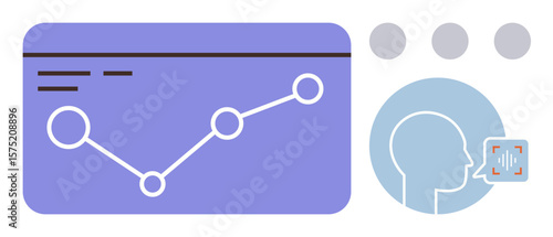 Graphical line chart showing data progression, head profile with voice recognition frame. Ideal for technology, analytics, AI, communication, speech processing, data analysis, digital insights