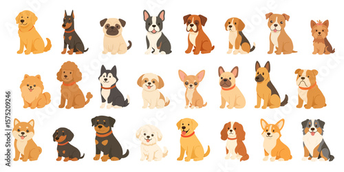 Flat cartoon illustration of multiple dogs including popular dog breeds like Labrador, Husky, Poodle, Shiba Inu, and Bulldog. These cute dogs are shown in a sitting pose, ideal for pet-themed designs