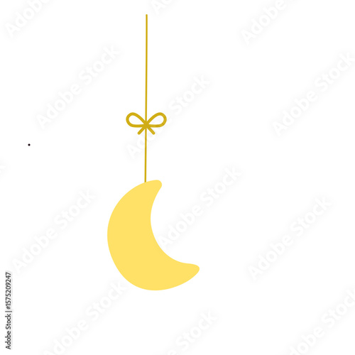 Simple yellow crescent moon hanging by a ribbon bow, ideal for children's illustrations, lullaby visuals, or peaceful bedtime themes.