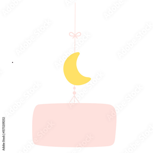 Pastel pink hanging sign with crescent moon and bow string, perfect for nursery wall art, baby decor, or bedtime themes.