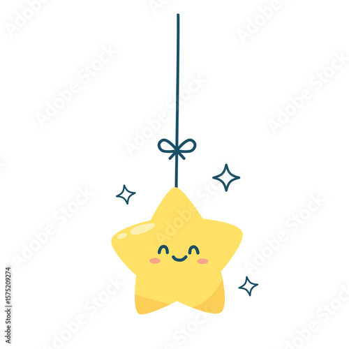 Adorable hanging star with shiny sparkles and bow string, ideal for holiday decorations, nursery art, or cheerful seasonal graphics.