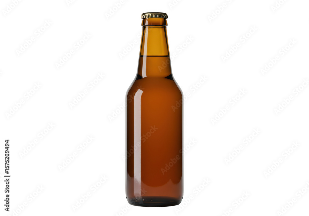 A clear amber glass bottle filled with a golden liquid isolated on transparent background A clear amber glass bottle filled with a golden liquid isolated on transparent background
