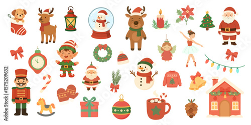 Christmas icon set with Santa, gifts, reindeer, lights and snowman, icons arranged with cozy winter charm, Christmas elements set made for festive design needs.