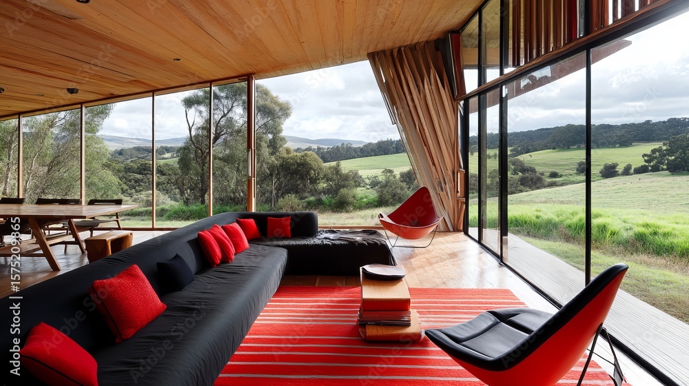 Fototapeta premium Modern home interior with expansive windows offering scenic views of rolling hills and farmland. Features a sleek, black sectional sofa with red cushions, complementing a red and orange rug