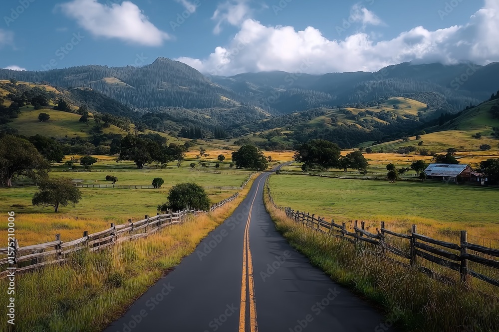 Naklejka premium Scenic Country Road Leading Through Verdant Fields and Rolling Hills Under a Vast Sky