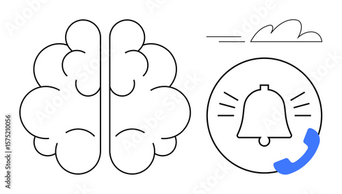 Minimalist brain graphic next to a ringing bell with a phone icon and cloud. Ideal for ideas, mindfulness, productivity, innovation, alerts, communication, abstract thinking. Simple flat metaphor