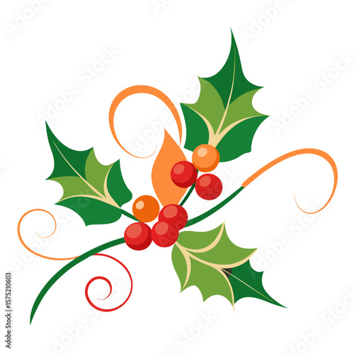 Festive holly branch with red berries and swirling decorative elements