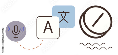 Microphone for speech, alphabet tiles for text translation, symbol for multilingual communication. Ideal for language learning, digital tools, global reach, AI, education tech simplicity. Modern