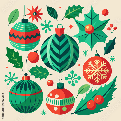 Festive christmas ornaments and holly leaves in a retro mid century modern style
