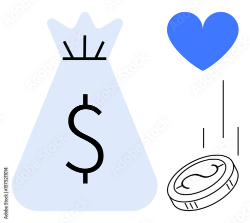 Large money bag with dollar sign, blue heart symbol, and falling coin, signifying financial support, donations, charity, or wealth. Ideal for finance, philanthropy generosity charity apps