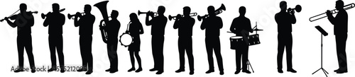 Silhouette of orchestra band playing musical instruments, isolated vector illustration of musicians with trumpet, violin, drum, tuba, trombone, and conductor
