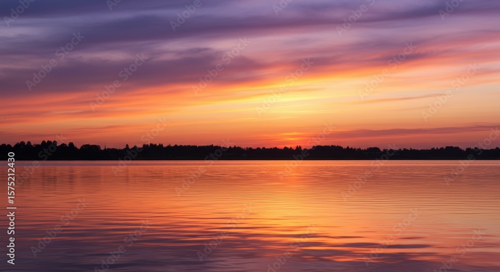 Fototapeta premium Calm Lake Reflecting Dramatic Sunset with Colorful Sky