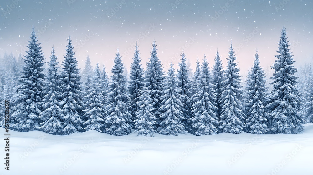 Naklejka premium Snow-covered pine trees in the early morning, with sun rays piercing through the branches and shining brightly on the snowy ground.