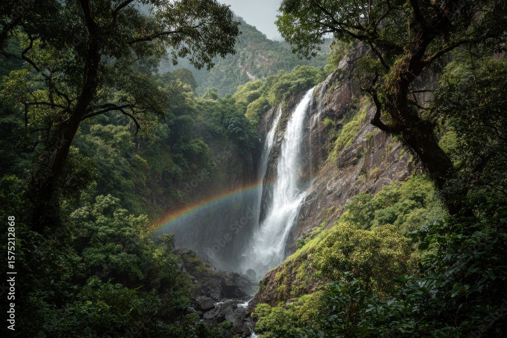 Obraz premium Lush waterfall framed by trees