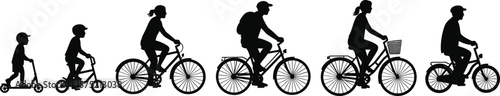Silhouette vector of people riding bicycle and scooter, family cycling activity, kids and adults, outdoor healthy lifestyle transport illustration