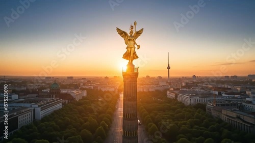 Aerial View of Victory Column and Berlin Skyline at Sunset with Golden Hour Lighting