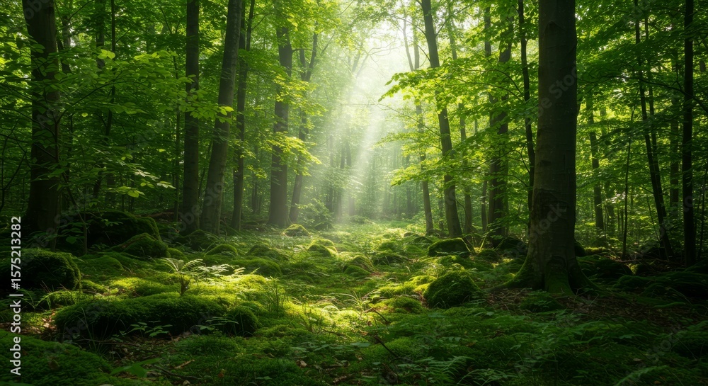 Obraz premium Sunlight Streaming Through Dense Green Forest Canopy