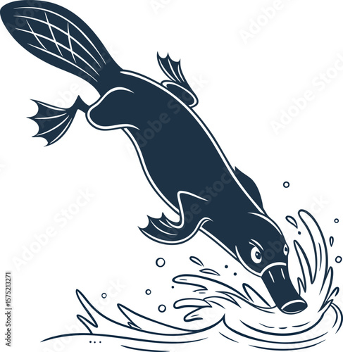 Playful platypus diving into water with splashes and bubbles silhouette