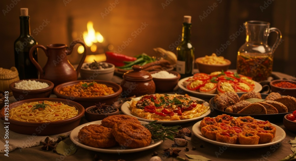 Festive Feast Delicious Food Variety on Wooden Table