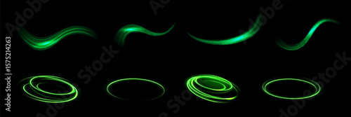 Green shiny sparks of spiral wave. Curved bright speed line swirls. Shiny wavy path. Rotating dynamic neon circle. Magic golden swirl with highlights.