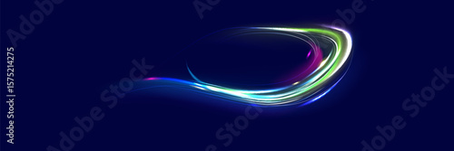 Neon line as speed or arc, turn, twist, bend in light effect. Light arc in neon colors, in the form of a turn and a zigzag. Abstract background in blue