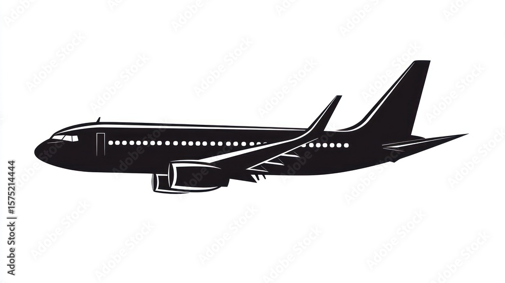 Obraz premium Silhouette of a passenger jet in flight, seen from the side, rendered in black and white