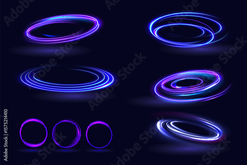 Neon swirl. Curve blue line light effect. Abstract ring background with glowing swirling background. Energy flow tunnel. Blue portal, platform.