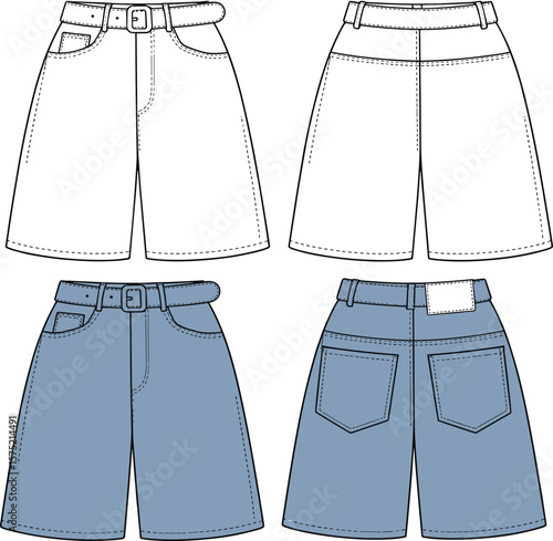 Fashion flat sketch of women’s denim shorts with belt, front and back views, casual wear, technical clothing illustration drawing.