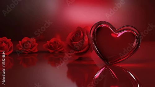 Red glass heart with red rose and reflection shiny surface, romantic and elegant love concept with soft lighting and blurred background red rose flower and glass heart shape reflective surface with