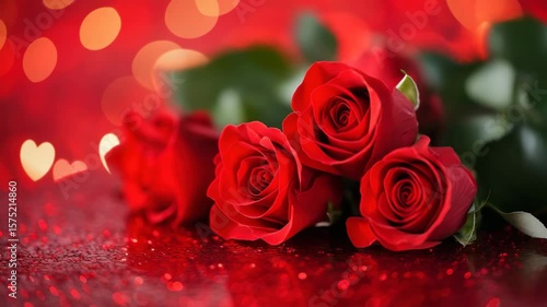 Red rose flower bouquet with green leaf and heart shaped bokeh lights on shiny red surface creating romantic close up warm atmosphere for celebration and love moments