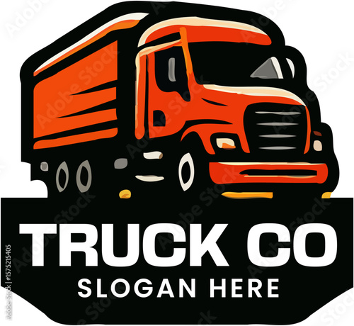 Bold truck company logo with red cargo truck and badge design