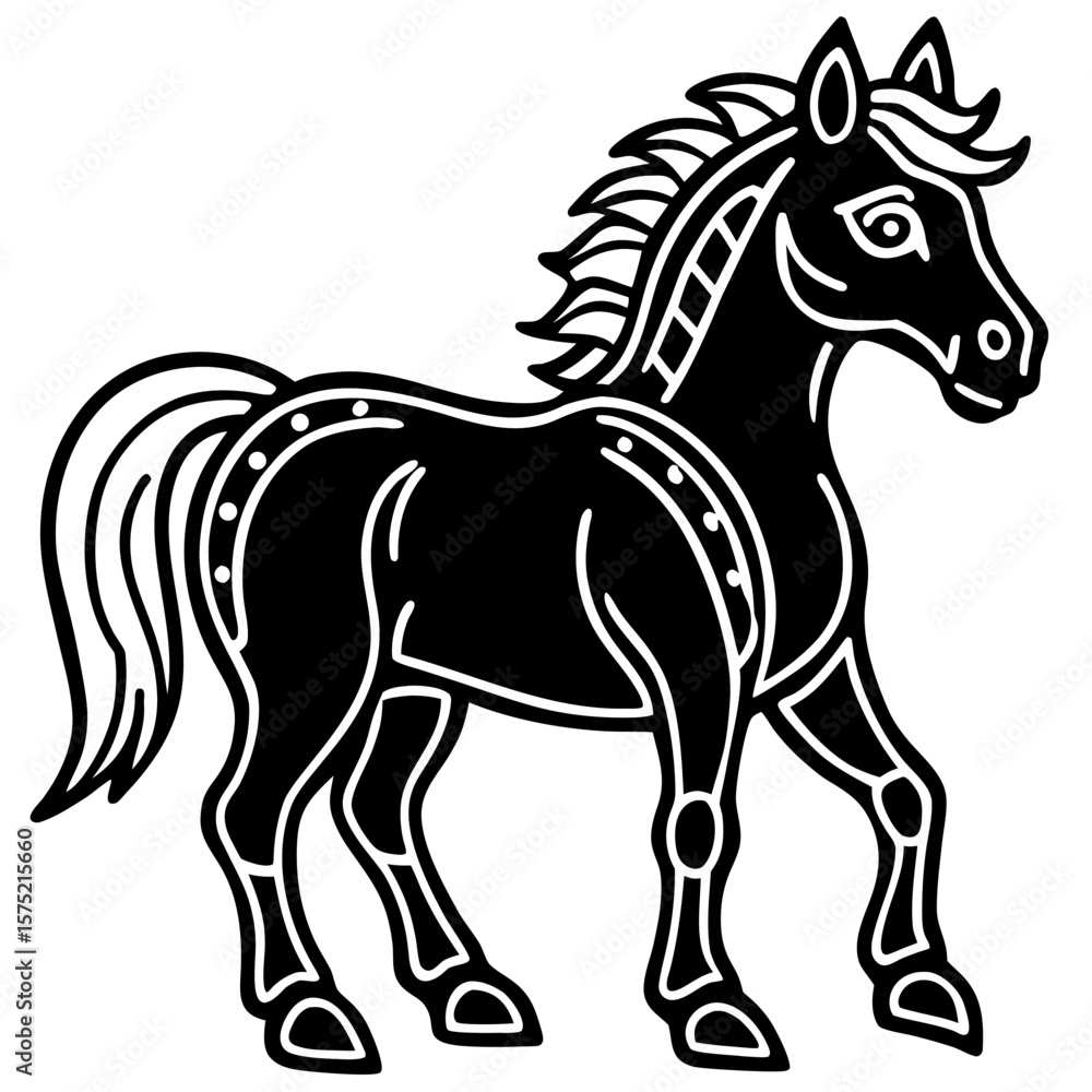 Obraz premium Stylized black horse silhouette with white outline and decorative details