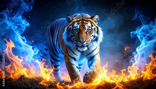 Tiger in fiery blue flames
