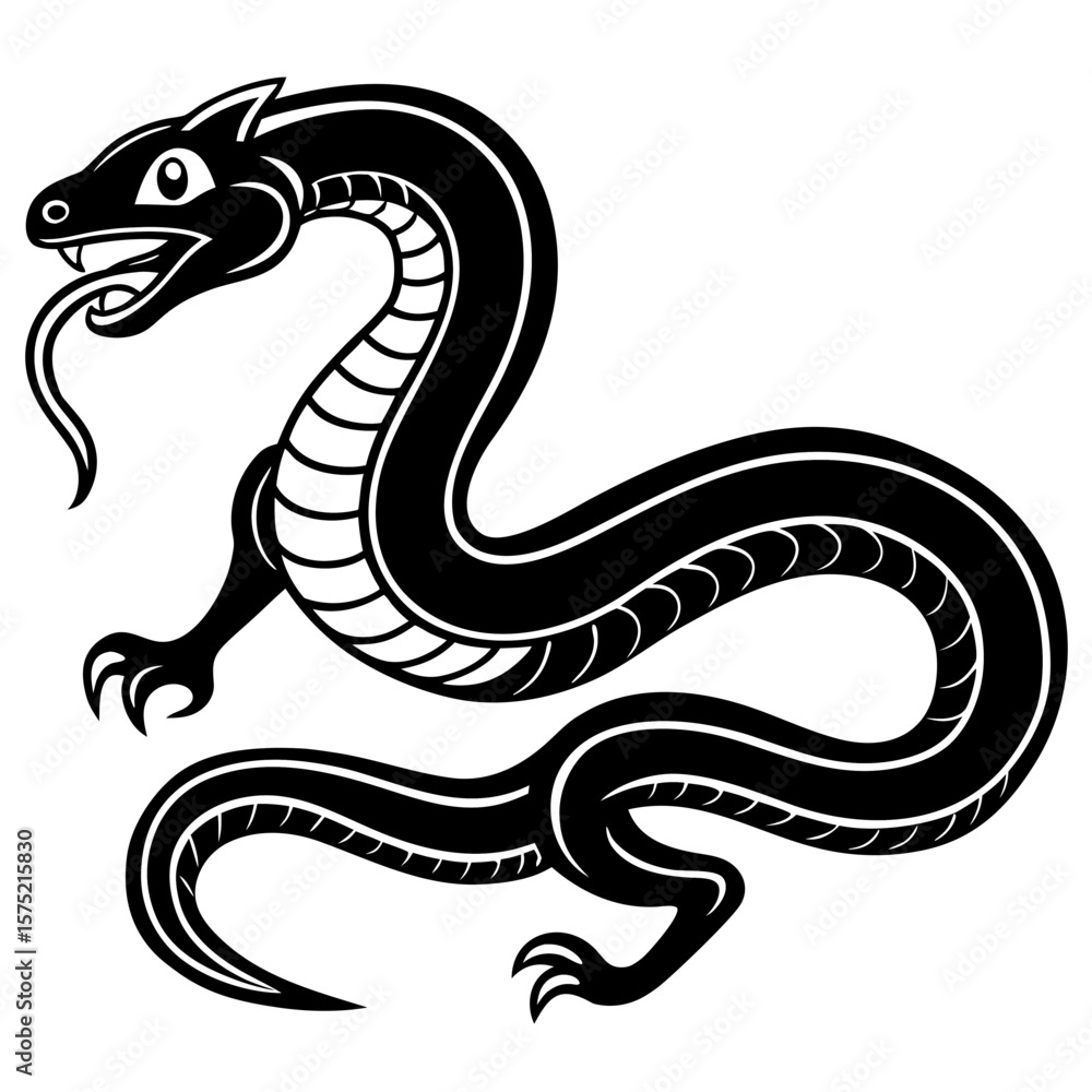 Fototapeta premium Stylized black dragon with a forked tongue and claws silhouette