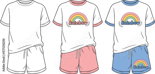 Rainbow kids t-shirt and shorts set, cute summer outfit, cartoon print clothing, unisex design, front view, flat fashion illustration.