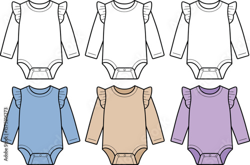 Long sleeve baby bodysuit with ruffle shoulder design, front view fashion flat sketch, pastel infant clothing collection, vector template.