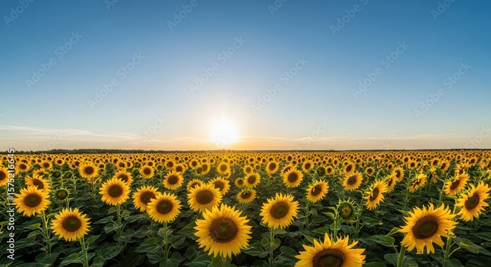 Obraz premium vast sunflower field at golden hour sunset with bright blue sky
