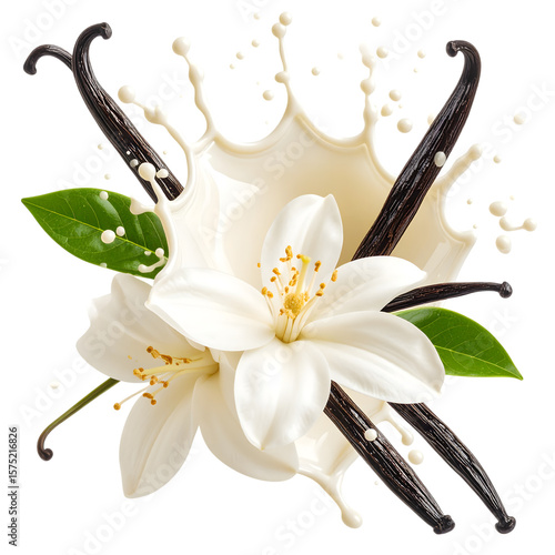 Creamy flower splash with vanilla pods and green leaves in motion