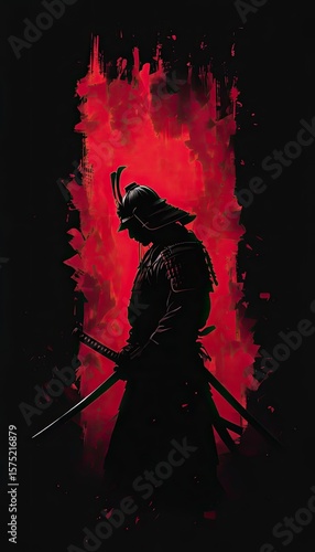 Here's the analysis for the provided image:

Dark Silhouette of Samurai Warrior Against Fiery Red Splatter Background