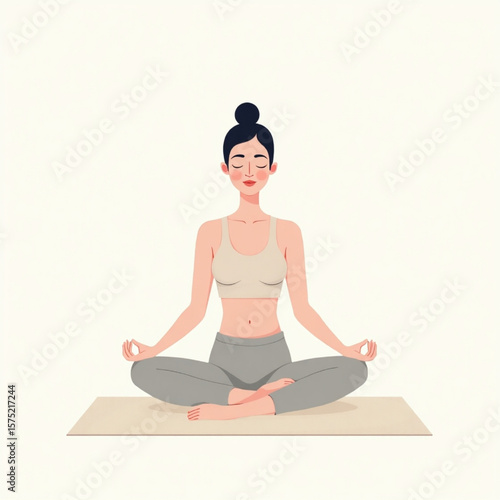 Woman in Yoga Position: A serene woman with hair in bun meditates in yoga lotus position on a mat, exuding tranquility and wellness in vector illustration.