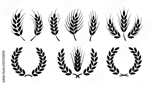 Collection Of Black and White Wheat Ears and Wreaths Vector Set