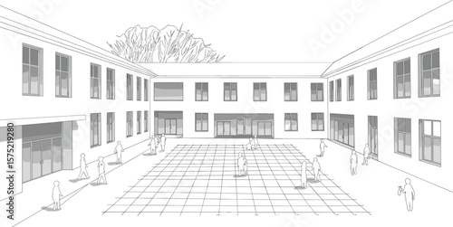 Architectural courtyard design, modern building perspective, school campus illustration, minimal line art with people, educational space layout, vector exterior drawing