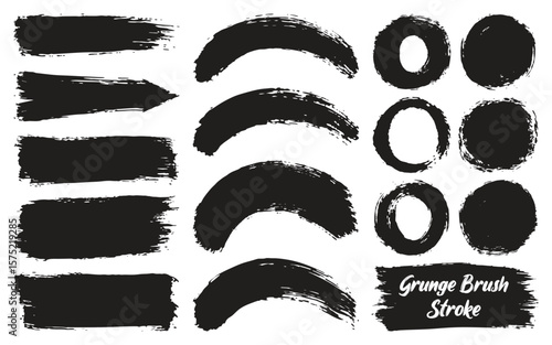 Collection of black grunge brush strokes and circular shapes on a white background