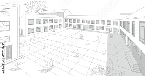 Architectural school courtyard illustration, modern campus layout design, vector line art building with people, educational exterior planning, 3D perspective drawing