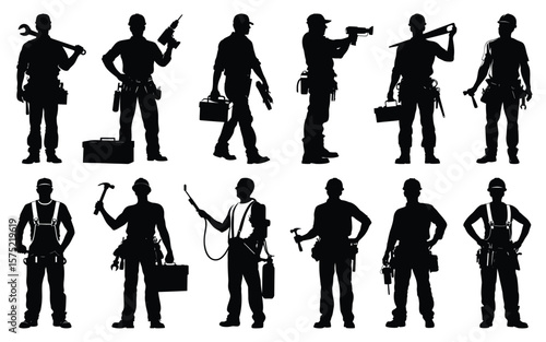 Collection of silhouetted construction workers and tradespeople holding tools and equipment on white background
