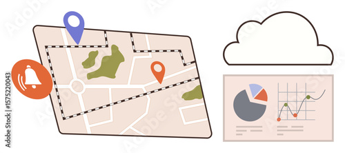 Map with pins and notification icon, cloud element, and analytics dashboard with charts. Ideal for navigation, data analysis, cloud computing, geolocation, business planning, notifications tech
