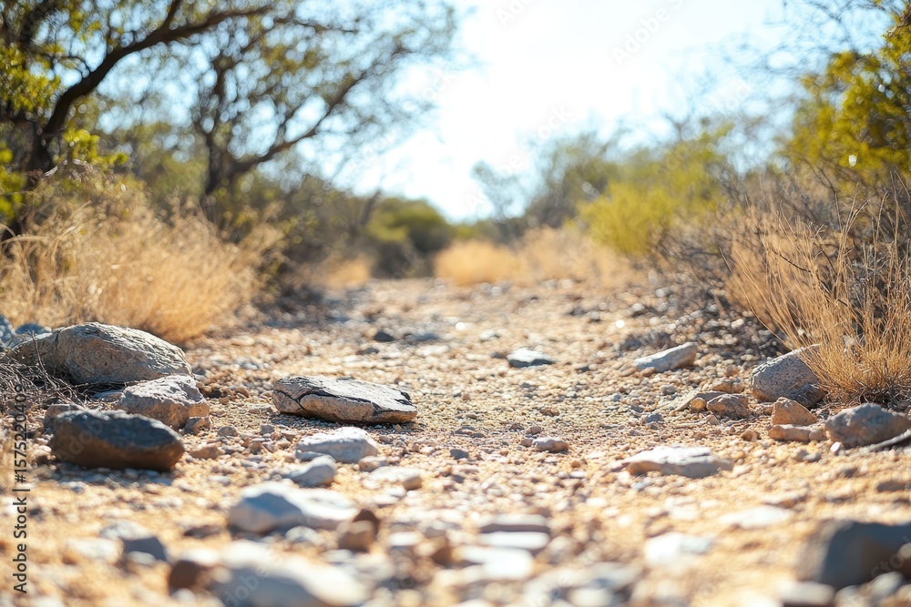 Fototapeta premium Scenic Dusty Pathway Through Dry Landscape Under Bright Blue Sky