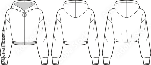 Flat sketch technical drawing cropped hoodie front back side view, fashion template vector, streetwear garment, apparel design, unisex wear