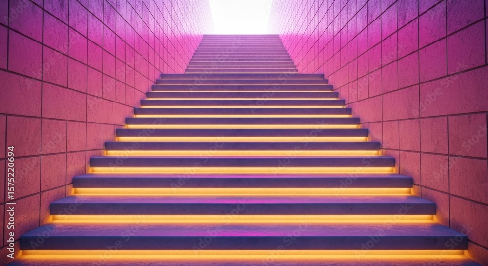Fototapeta premium Illuminated stairway with pink walls leading to a bright light at the top
