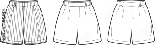 Front flat sketch of unisex pleated shorts design, featuring waistband, belt loops, seam details, and various style construction views.